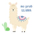 Post card with cute lama and text `no probLLama`, which means, lama has no problem.